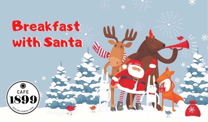 Cartoon Santa, reindeer, snowman and trees. Breakfast with Santa